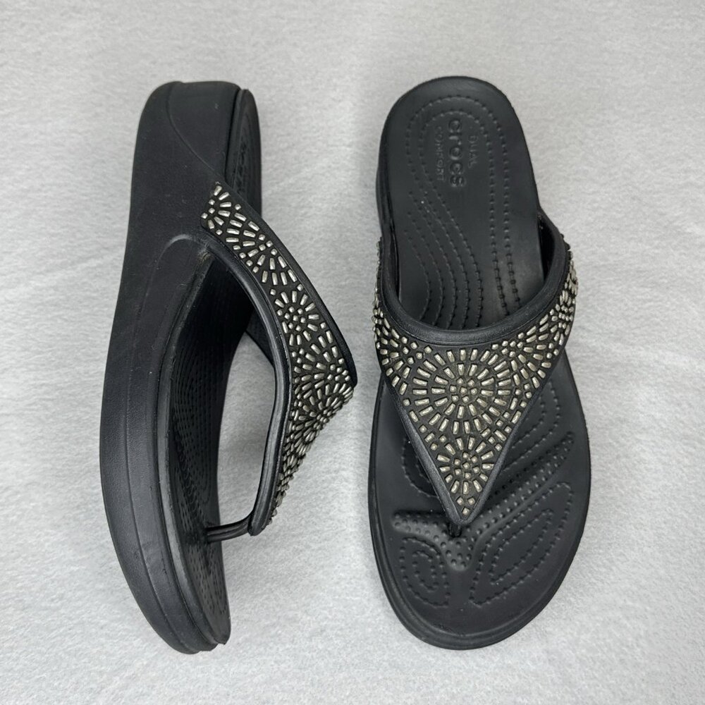 Crocs Wedge Sandals Black Monterey Diamante Womens Sz 7 Studded Platform Thong - Picture 4 of 10